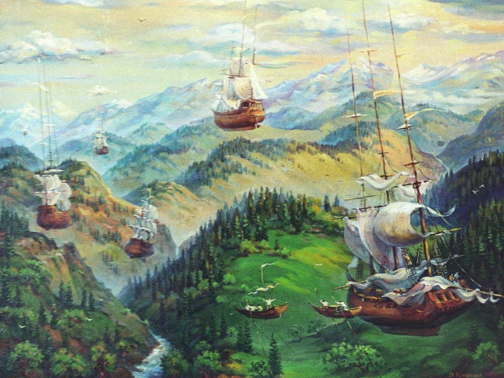 Ships in the mountains, 1991. Canvas, oil. 80 x 100 cm.