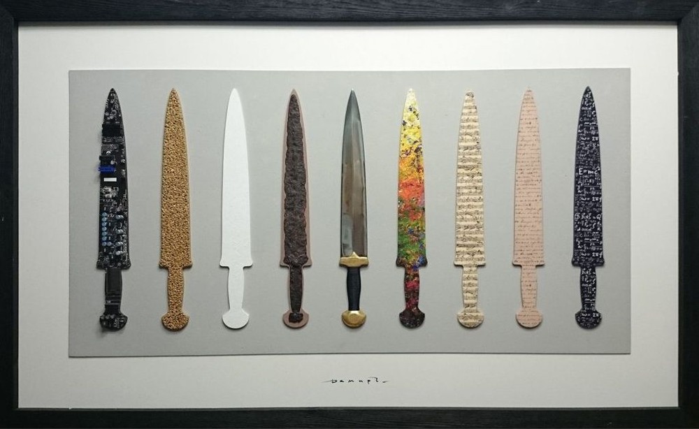 Tools of this world, 2015, oil, acrylic, plastic, metal, grain; 72 x 122 cm.