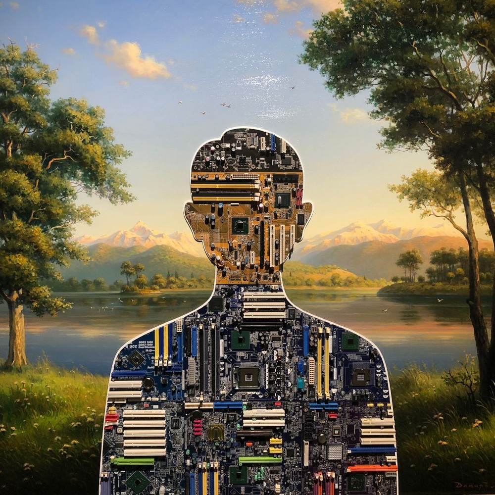 Gamer, 2017 plastic, oil, elements of computer boards; 110 cm x 110 cm.