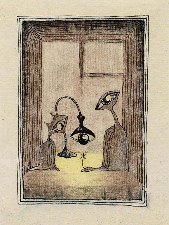 Кот, лампа и я, 1986. Paper, ink, pencil. 15 x 13 cm.